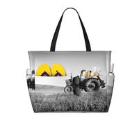 Tractor Agriculture Tranquil Print Large Waterproof Beach Tote Bag for Women with Zip and Pockets Foldable Handbag for Travel Pool Shopping Holiday Gym