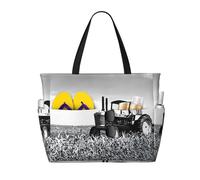 Tractor Agriculture Tranquil Print Large Waterproof Beach Tote Bag for Women with Zip and Pockets Foldable Handbag for Travel Pool Shopping Holiday Gym