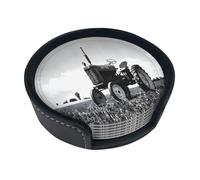 Tractor Agriculture Tranquil Round Leather Coasters (6 Pieces) - Drink Coaster Set For Desk, Modern Easy To Clean Home Office & Farmhouse Coasters