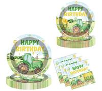 Tractor Birthday Decorations Tableware Set - 96 Pcs Digger Plate Set Including Farm Truck Dinnerware Set Green Paper Plate Napkin for Kids Boys Party Supplies Serves 24 Guests