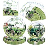 Tractor Birthday Party Decorations Kit - 96 Pcs Car Birthday Decorations Including Tractor Plates Napkins Tableware Paper Green Farm Dinnerware for Kids Serves 24