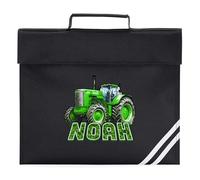 Tractor Book Bag for Boys Green Farming Tractor Design Custom Name Back to School Nursery Reception Infants Reading Folder, One Size, Black