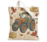 Tractor Canvas Tote Bag for Women, Fall Rustic Cardinal Hay Bales Fall Orange Washable Reusable Market Tote Ideas for Famil, Orange, 13x15 Inch