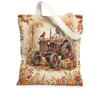 Tractor Canvas Tote Bag for Women, Fall Rustic Cardinal Hay Fall Red Washable Reusable Market Tote Bag Ideas for Shopping T, Red, 13x15 Inch