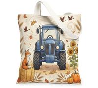 Tractor Canvas Tote Bag for Women, Fall Rustic Foxes Sunflower Fall Blue Washable Reusable Everyday Tote Bags Ideas for Tra, Blue, 13x15 Inch