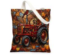 Tractor Canvas Tote Bag for Women, Fall Rustic Pumpkin Maple Leaf Fall Red Washable Reusable Market Tote Bags Ideas for Tra, Red, 13x15 Inch