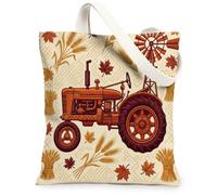 Tractor Canvas Tote Bag for Women, Fall Rustic Wheat Maple Leaf Fall Brown Washable Reusable Everyday Tote Bags Ideas for F, Brown, 13x15 Inch