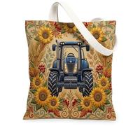 Tractor Canvas Tote Bag for Women, Farm Rustic Sunflower Wheat Fall Yellow Washable Reusable Aesthetic Tote Bag Ideas for F, Yellow, 13x15 Inch