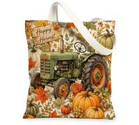 Tractor Canvas Tote Bag for Women, Harvest Rustic Pumpkin Leaf Fall Green Washable Reusable Market Tote for Shopping Brunch, Green, 13x15 Inch