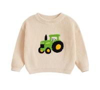 Tractor Embroidered Knitted Jumper for Kids Toddler Baby Boys Autumn Winter Oversized Chunky Knit Sweater Pullover Cute Farm Themed Clothes British Country Clothing (Beige, 12-18 Months)