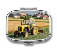 Tractor Farm Pill Box 2 Compartment Waterproof Pill Case with Mirror Square Container Metal Medicine Box Organizer Portable Vitamin Case for Pocket & Purse Travel