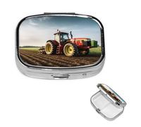 Tractor Farm Pill Box with Mirror, 2 Compartment Small Pill Case for Purse Or Pocket Mini Metal Pill Holder Travel Weekly Medicine Tablet Vitamin Holder Organizer Travel Gifts