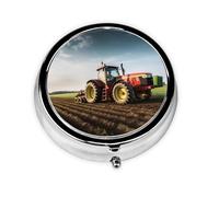 Tractor Farm Pill Box with Mirror, 3 Compartment Small Pill Case for Purse Or Pocket Mini Metal Pill Holder Travel Weekly Medicine Tablet Vitamin Holder Organizer Travel Gifts