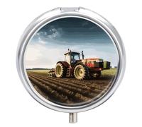 Tractor Farm Pill Organizer 3 Compartment Travel Pillbox with Mirror Daily Medicine Pill Case Metal Pill Box for Purse & Pocket Portable Small Medicine Box Round Vitamin Case Container