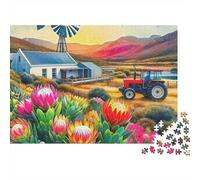 Tractor Hard 1000 Piece Family Game Night Puzzle Farm with Windmill Tractor And Protea Flowers Premium Thick Sturdy Vibrant Challenging Stress Relief 70x50cm/1000pcs