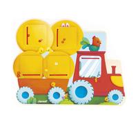 Janod - Wooden Tractor Hide and Seek Puzzle - 5 Doors to Open - Develops Fine Motor Skills - Developmental Toy for Children - From 12 months - J07128