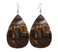 Tractor in the field double-sided printed leather earrings int and shape of water drops, creative, light and novel, bright and vivid colors.