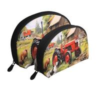 Tractor on The Farm Portable Shell Cosmetic Bag Set - Travel Makeup Organiser with Zipper & Inner Compartments