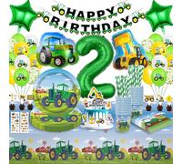 Tractor Party Tableware for Children's Birthdays 2, 2nd Tractor Birthday Decorations, Children's Birthday Decorations for 2 Years Boys, Balloons, Paper Plates, Tablecloths for Boys 16 Guests