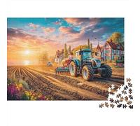Tractor Plowing Field 1000 Pieces Recycled Board Rural Sunset Landscape Puzzles for Adults Challenging Puzzle Full Size Poster Museum-quality Print 38x26cm/1000pcs