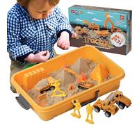 Tractor Sand Play Set, Sensory Toys for Kids W/ 2 Lbs of Sand, Construction Signs & Cones, Working Figures, 4 Mold Set and Road Roller, Dump Truck, Excavator & Bulldozer for 3, 4, 5 Year Old Toddlers