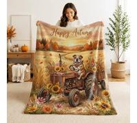 Tractor Throw Blanket, Fall Rustic Dog Sunflowers Autumn Orange Flannel Blanket Soft Lightweight Decorative for Couch Sofa Bed Office Desk Living Room 40x60 Inch