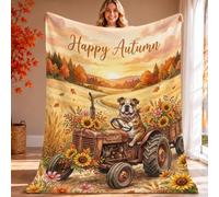 Tractor Throw Blanket, Fall Rustic Dog Sunflowers Autumn Orange Fleece Blankets Soft Cozy Decorative for Couch Sofa Bed Dorm Chair Car Recliner 60x80 Inch