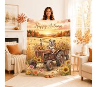 Tractor Throw Blanket, Fall Rustic Dog Sunflowers Autumn Orange Plush Blanket Lightweight Compact Aesthetic for Couch Sofa Bed Chair Office Lap 40x50 Inch