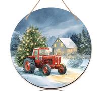 Tractor Welcome Sign for Front Door, Winter Rustic Christmas Tree House Xmas Red Wood Welcome Door Sign for Front Porch New Home Porch Decorations Set of 1