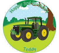 Tractor with Tree Background Round Circle Cake Edible Icing or Wafer Topper 7.5 inch Personalised (Icing)