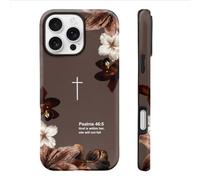TRADAY Christian Phone Case Compatible with iPhone 15 Vintage Floral Bible Verse Psalms 46:5 Shockproof Protective Hybrid 2-Layer Hard Shell Cover for Women | Religious Faith Gift - Brown
