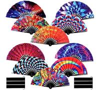 Tradder 10 Pcs Summer Folding Hand Rave Fan Large Folding Fans Bamboo and Nylon Cloth Festival Fan Decorative Dance Fans with Fan Bags for Performance Party Gifts Props Craft Women Men (Stylish)