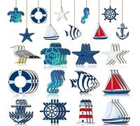 Tradder 36 Pcs Beach Wooden Ornaments for Tree Nautical Hanging Decorations Wood Beach Tree Ornaments Mini Anchor Sea Life Starfish Sailboat Coastal Decor for Summer Home Fishing Net Craft Sailor Gift