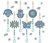 Tradder 6 Pcs Diamond Art Painting Wind Chimes Diamond Art Painting Kit Double Sided Evil Eyes Ornaments with Crystal Pendant 5D Blue Diamond Art for Home Garden Hanging Ornament