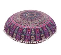Trade Star Large Round Mandala Floor Cushions, Decorative Elephant Throw Pillowcases 32", Boho Outdoor Cushion Cover, Indian Pouf Ottoman, Pom Pom Roundie Pillow Sham (Pattern 3)
