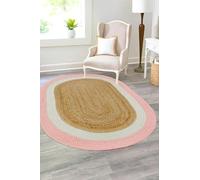 Trademoon 2x3 Ft Oval Pink, White & Natural Jute Area Rug, Handmade, Solid Farmhouse Design, Natural Fiber, Durable & Pet-Friendly Rug for Living Room, Dining Room, Bedroom