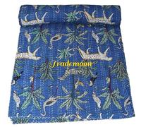 Trademoon Indian Handmade Animal Print Cotton Kantha Quilt, Bedspread, Blanket Size (Double 90" x 108")