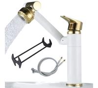 TradeProvider® Kitchen Sink Faucet Mixer Tap 360° Swivel Bathroom Bar Tub Taps, (2pcs) Flexi Tap Connector Hose 10M x1/2 (600mm), Plumbing Four-Claw Hexagon Sink Wrench (White and Gold Mixer Tap)