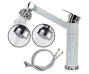 TradeProvider Kitchen Sink Mixer Tap - 360° Swivel Chrome Faucet with White Handle, Includes 2pcs Flexi Tap Connector Hoses 10mm x 1/2" (600mm)