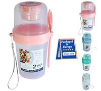 TradeProvider® Reusable Yogurt Cups with Lid Fork Lanyard 560ml/19Oz Clear 3 in 1 Cereal Pot Salad Juice Milk Cup 100% BPA Free Breakfast Bowl (PinkPot)