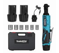 Traderight 12V Cordless Electric Ratchet Wrench, 3/8" Drive, 42Nm Max Torque, Variable Speed 0-300RPM, LED Work Light, Forward/Reverse Safety Lock, 2×1500mAh Batteries & 6 Sockets - Car, DIY & Home Re