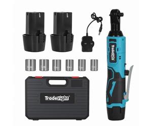 Traderight 12V Cordless Electric Ratchet Wrench, 3/8" Drive, 42Nm Max Torque, Variable Speed 0-300RPM, LED Work Light, Forward/Reverse Safety Lock, 2×1500mAh Batteries & 6 Sockets - Car, DIY & Home Re