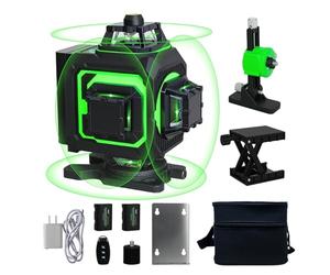 Traderight 4D Green Laser Level 360° Self-Leveling Line Tool with Remote Control, 16-Line Horizontal & Vertical Projection, IP54, Adjustable Stand, 2×2400mAh Rechargeable Batteries