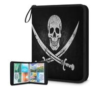 Trading Card Binder 4 Pocket Jolly Roger Pirate Skull Cards Binder Holder Folder Grunge Skeleton Card Album with Removable Sleeves Waterproof Card Book with Zipper 50 Page 400 Card Capacity