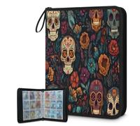 Trading Card Binder 9 Pocket Day Of The Dead Sugar Skull Cards Binder Holder Folder Card Album with Removable Sleeves Waterproof Card Book with Zipper 50 Page 900 Card Capacity