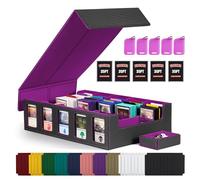 Trading Card Storage Box with Commander Display, 5-Row Deck Case with Removable Lid; 3900+ Card Deck Box for MTG TCG Sports Card, 5 Toploaders, 5 Stoppers, 48 Dividers,1 Dice Tray (Black Purple)