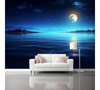 Tradition Photo Wallpaper 300 X 210 Cm - Non-Woven Premium Art Print Fleece Wall Mural Decoration Poster Picture Design Modern - Blue Moonlit Night Lake for Kids Bedroom Living Room