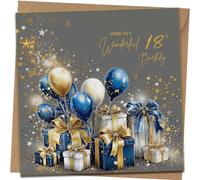 Traditional 18th Birthday Card - Gold White Blue Presents & Balloon Design Beautiful Birthday Card