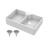 Traditional 2 Bowl Fireclay Butler Kitchen Sink - Stepped Weir, Tap Ledge & Wastes - 795mm