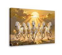 Traditional 7 Running Horses Vastu Canvas Wall Art Print White Horses Sunset for Positive Energy Home Decor, 12x18inch(30x45cm) Frame